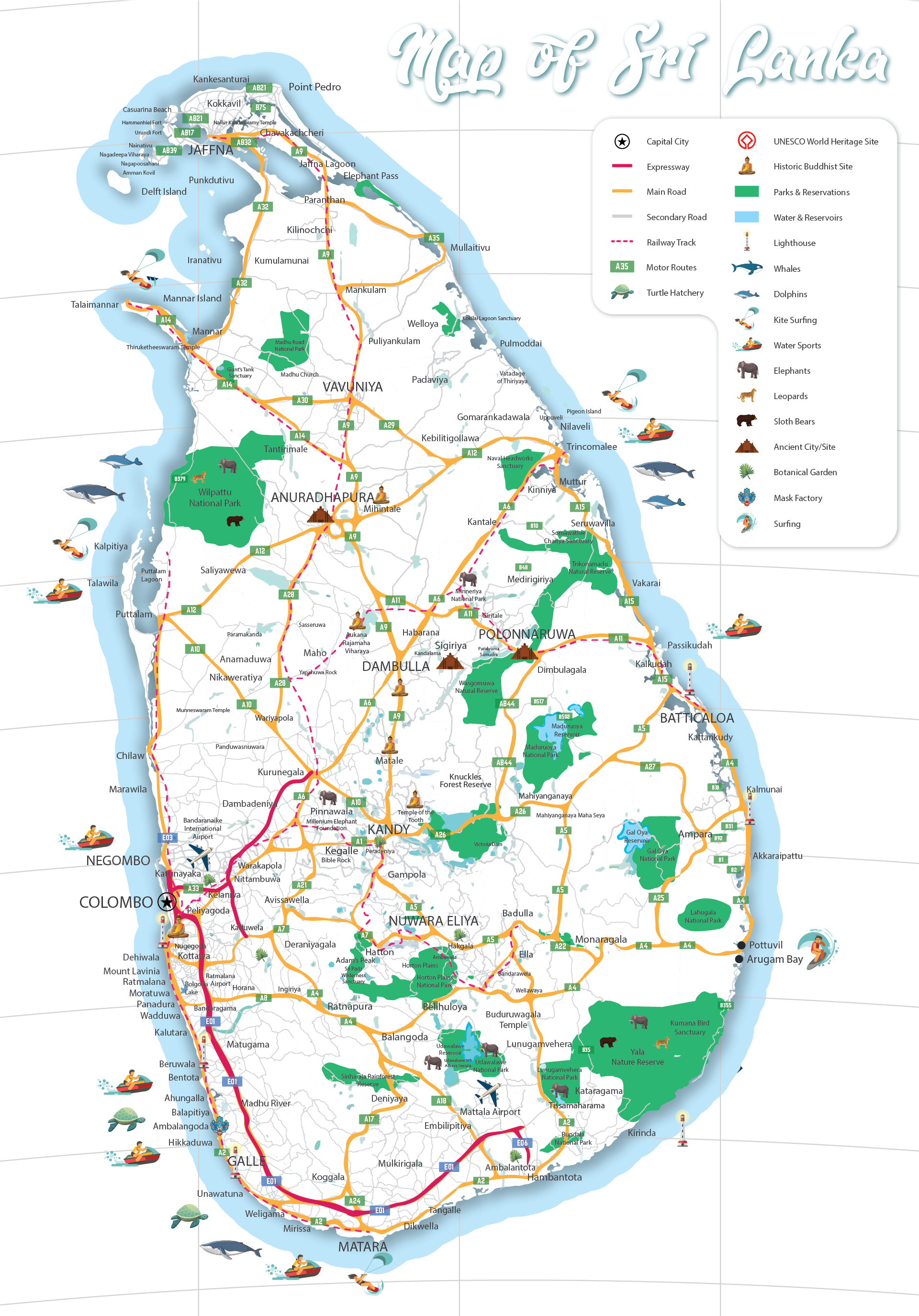 Illustrated map of Sri Lanka highlighting key destinations